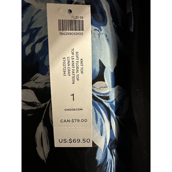 Chico’s NWT size 1 (M) navy blue floral print crossover drape long sleeve top - Picture 2 of 9